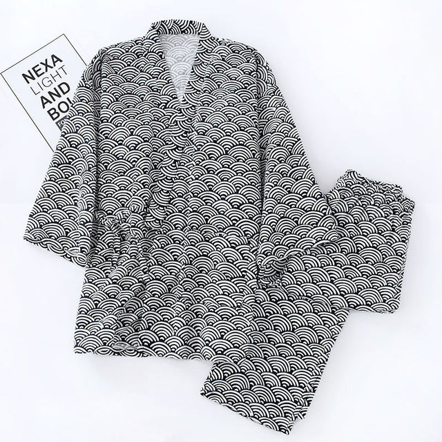 Navy seigaiha cotton gauze samue set, top and trousers laid flat