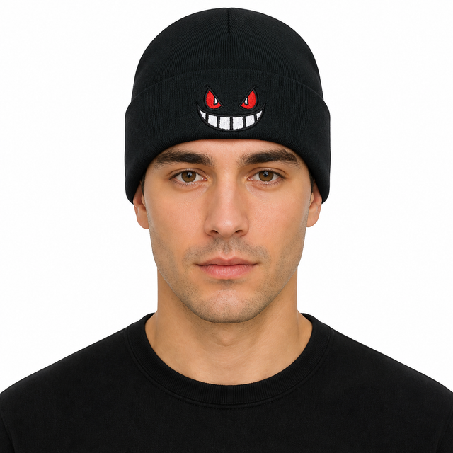 Gengar Beanie on model - front view