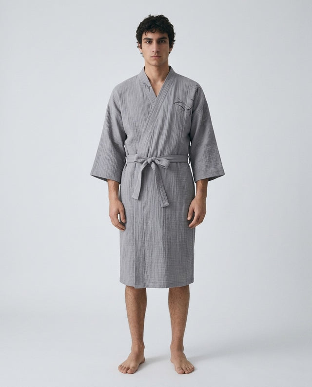 Men's cotton gauze kimono robe in gray on a model, front view