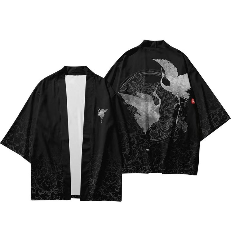 Men's black kimono jacket with crane and moon print, front and back flat lay