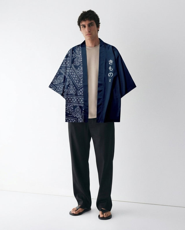 Blue haori for men on a model, front view