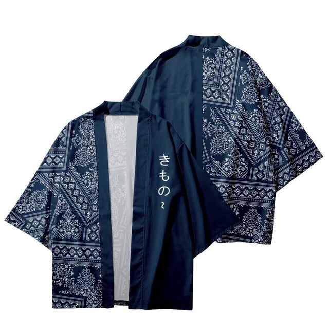 Men's blue haori with navy pattern, front and back flat lay