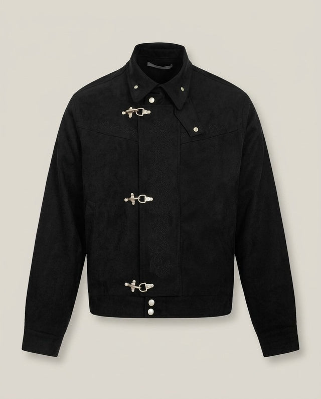 Men's cropped black jacket with fireman clasps, front