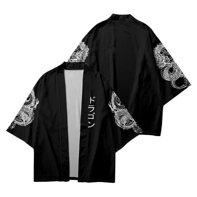 Men's dragon kimono jacket with dragon sleeve print, front and back flat lay