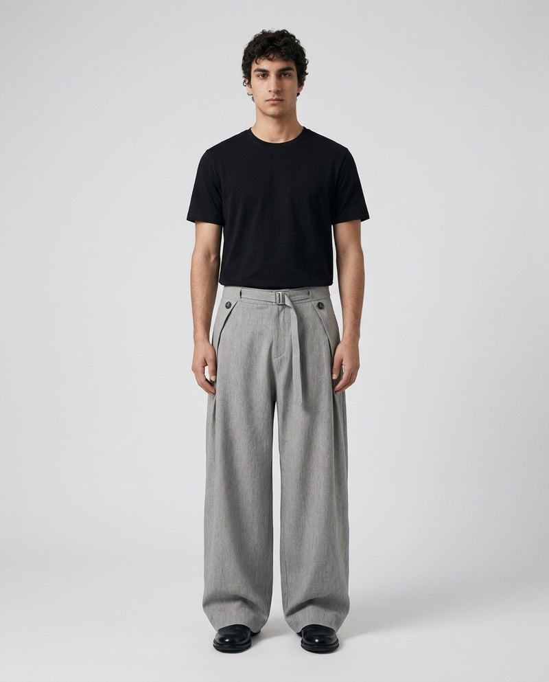 Mens pleated linen pants in gray on a model, front view
