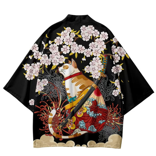 Men's sakura kimono jacket with cherry blossom and samurai cat print, back view