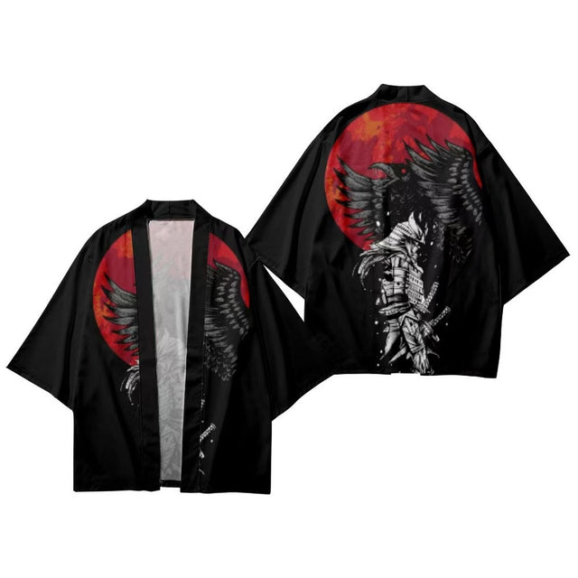 Men's samurai kimono jacket with samurai and red moon print, front and back flat lay