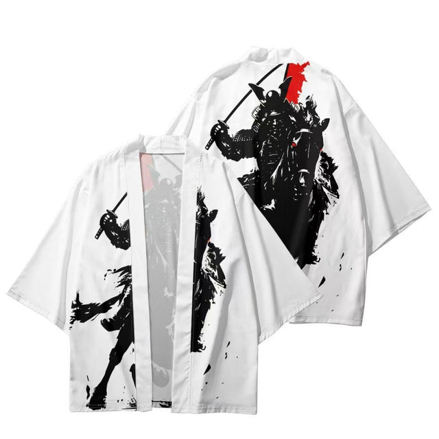 Men's white haori with ink samurai print, front and back flat lay