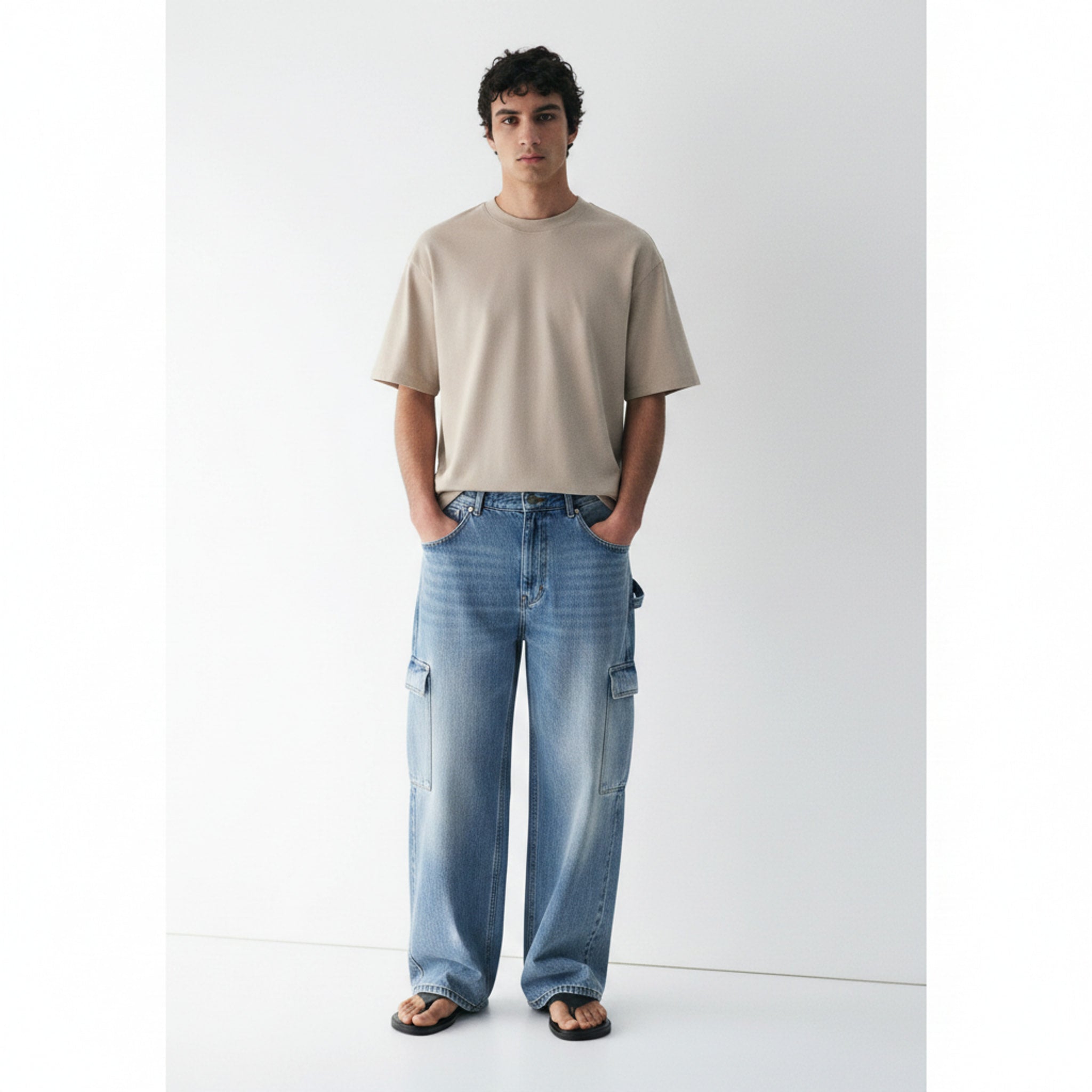 Wide-Leg Cargo Jeans on model - front view