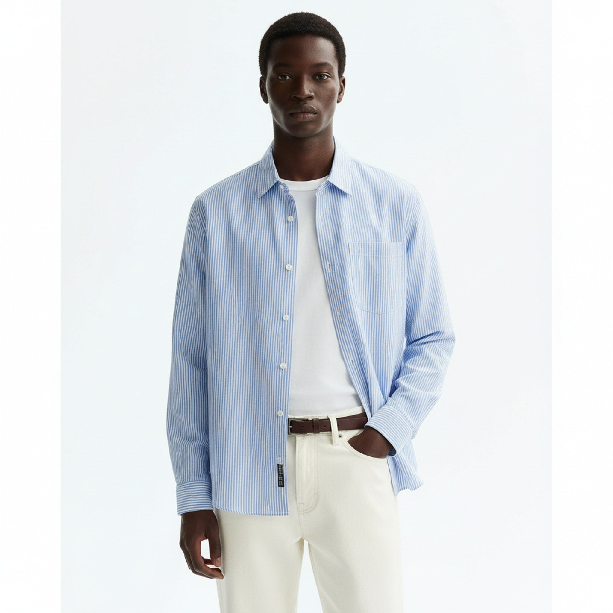 Windproof Color-Block Striped Shirt on model - Blue - front