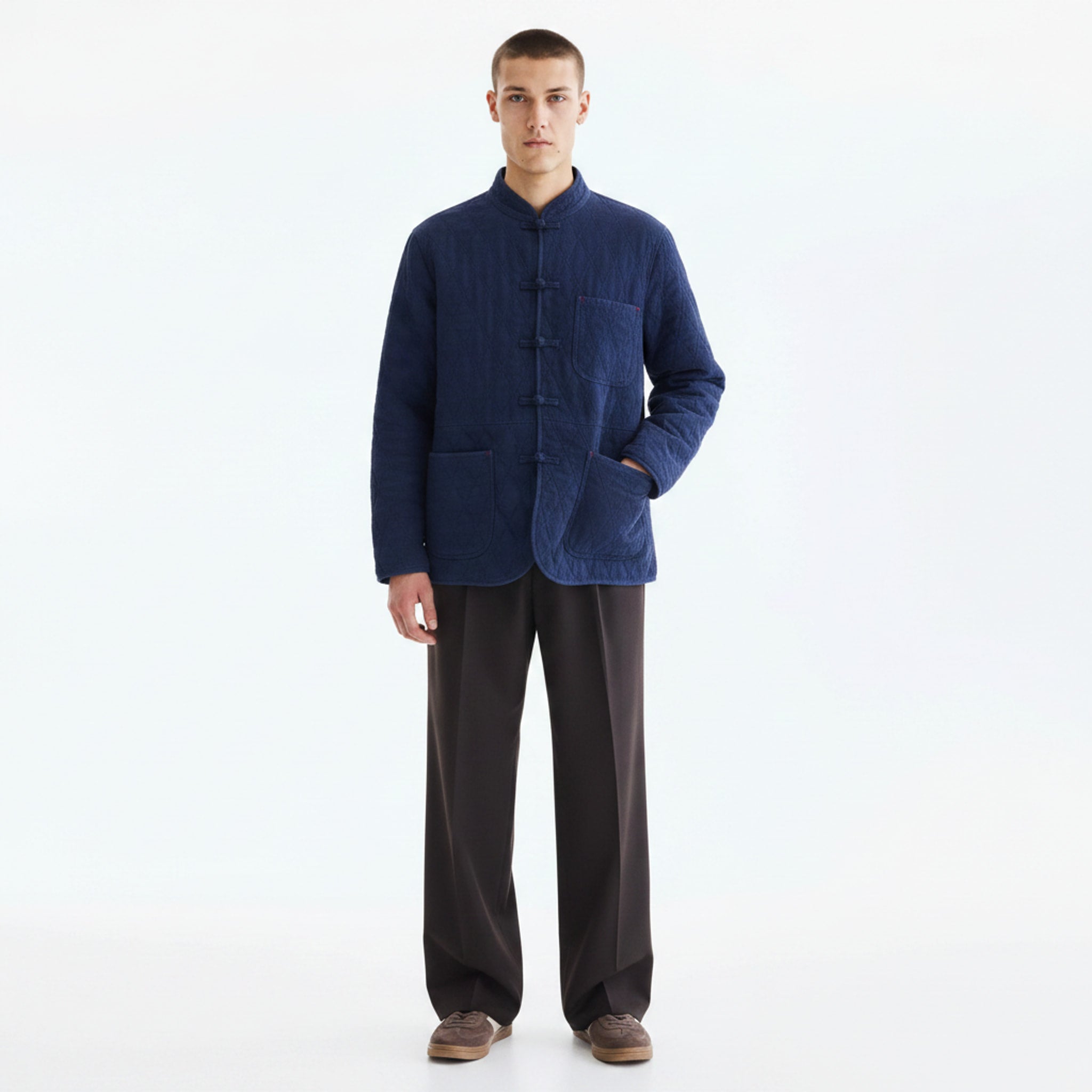 Plant Indigo Frog-Closure Tang Jacket on model - Indigo - front