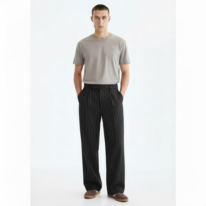 Textured striped trousers on model in black, front view
