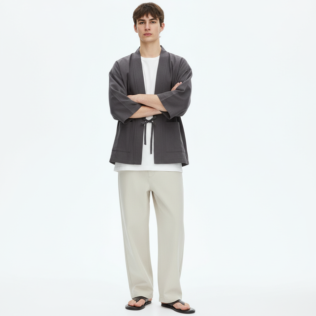 Tied kimono cardigan in grey, front view on model