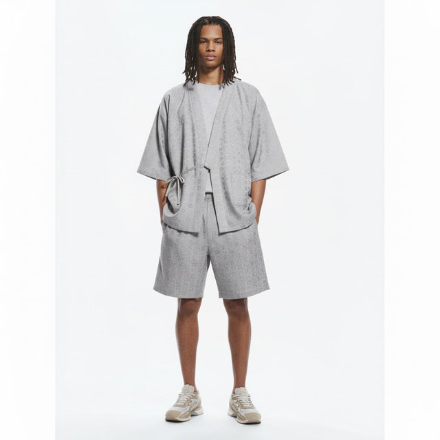 Jacquard jinbei set in grey jacquard, front view on model