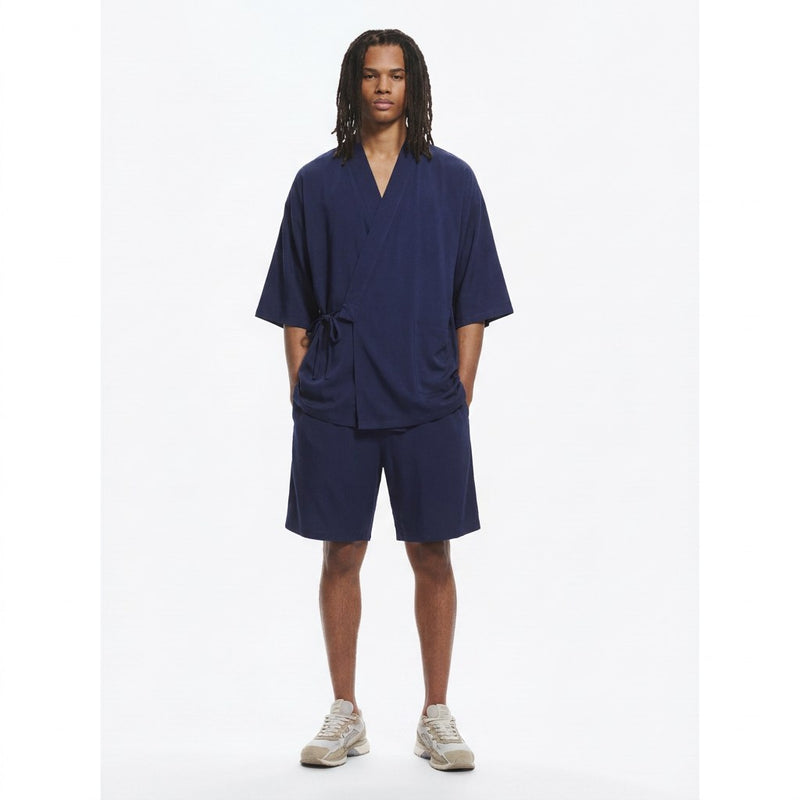 Modal jinbei set in navy, front view on model