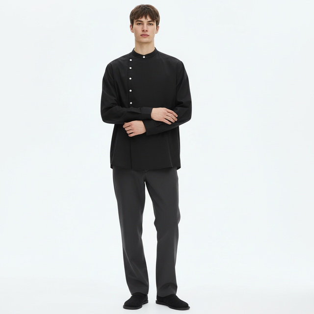 Asymmetrical stand collar shirt on model in black, front view
