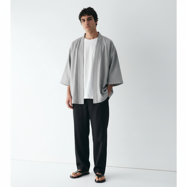 Summer haori jacket in light grey, front view on model