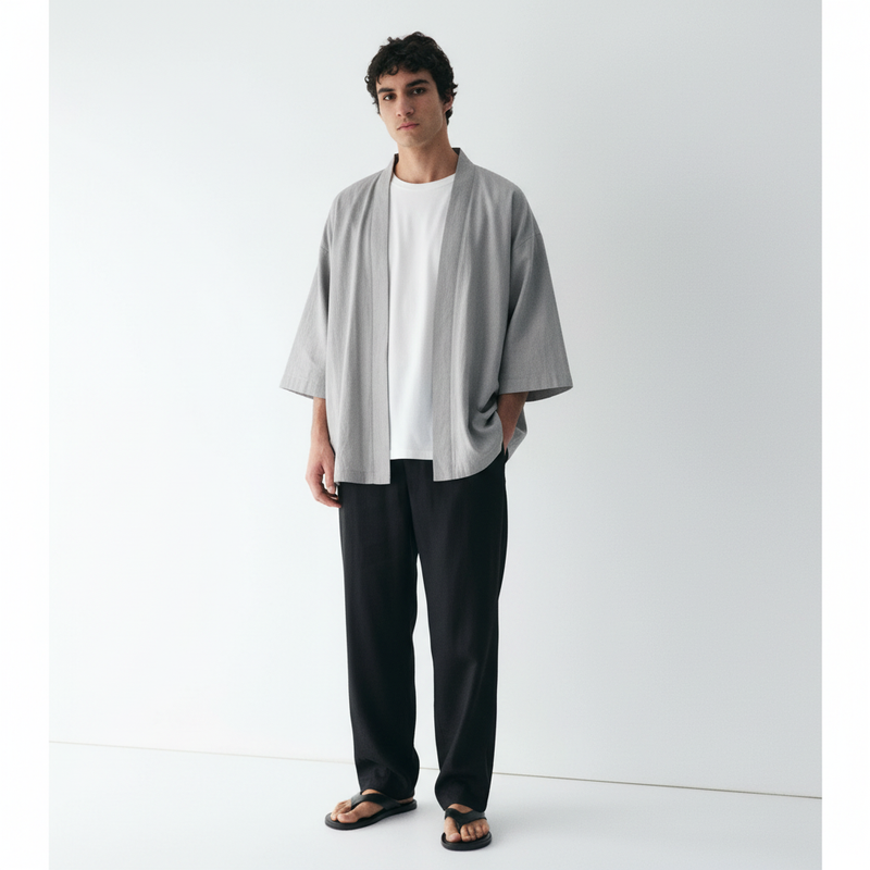 Summer haori jacket in light grey, front view on model