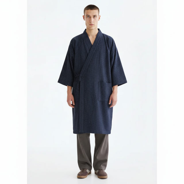 Men's dark blue kimono, navy stripe, front view