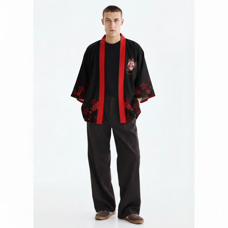 Men's Kitsune Kimono, Fox Mask and Sakura Print, on model
