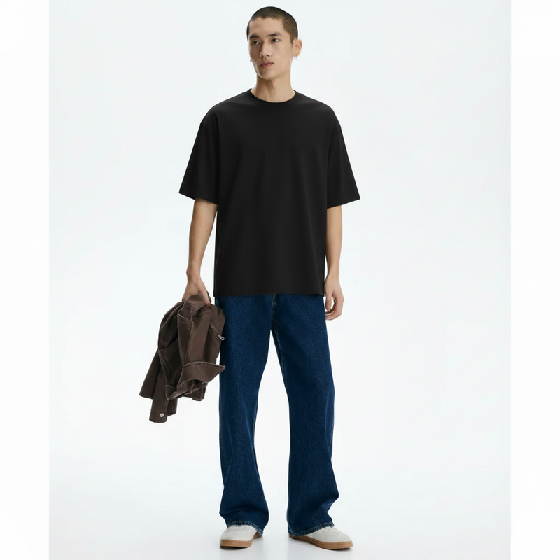 Cross-border 250GSM Oversized Boyfriend Batwing Sleeve Mock Neck on model - Black - front