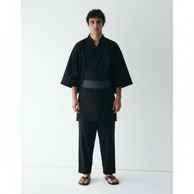 Black yukata for men on a model, front view