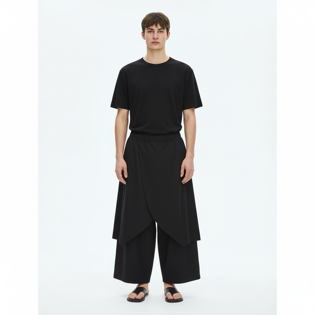 Layered wrap skirt pants on model in black, front view