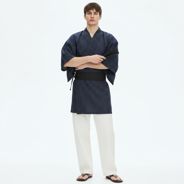 Pinstripe kimono for men on a model, front view, navy pinstripe