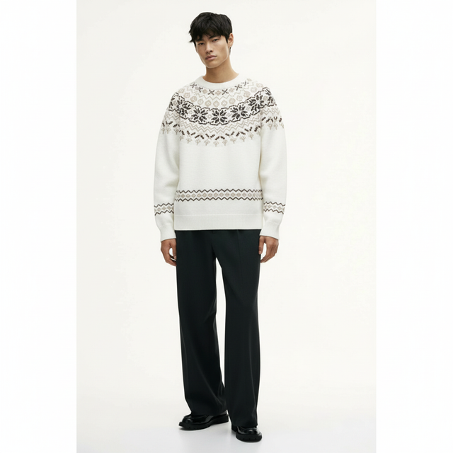 Fair Isle Crew Sweater on model in cloud white, front view