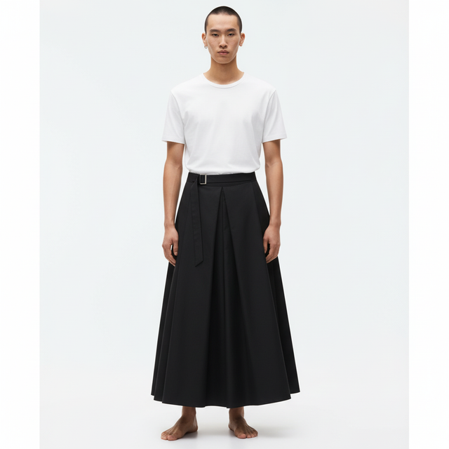 Belted A-line hakama on model in black, front view