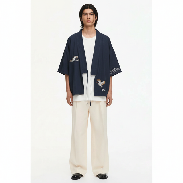 Crane embroidered kimono jacket in navy, front view on model