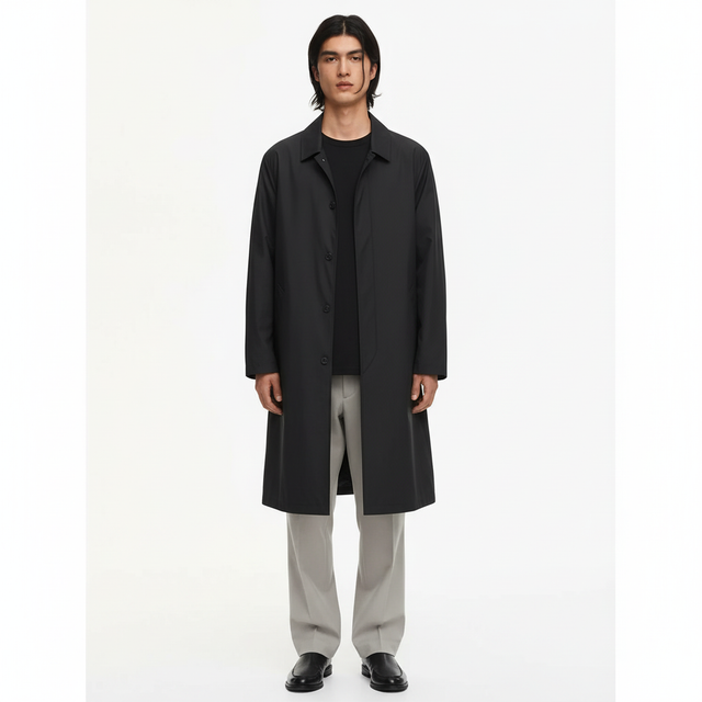 Business Water-Repellent Stand Collar Lightweight Loose Fit Slimming Long Trench Coat on model - Black - front