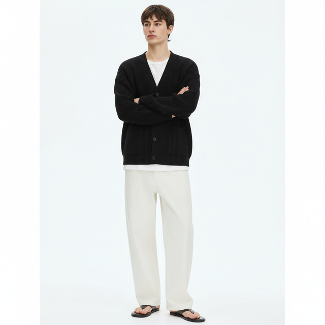 Ribbed V-Neck Cardigan on model in black, front view
