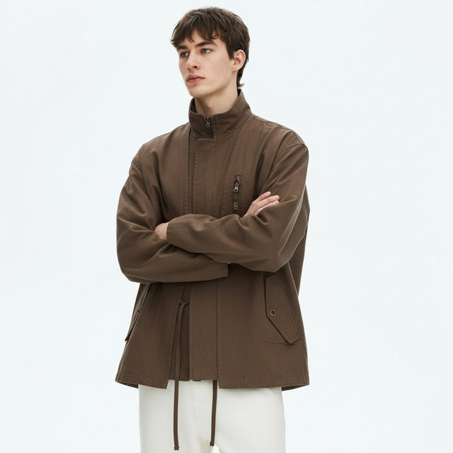 Wrap kimono style jacket in brown, front view on model