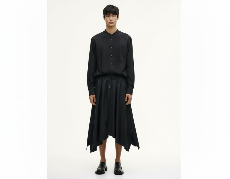 Pleated band collar shirt in black, front view on model