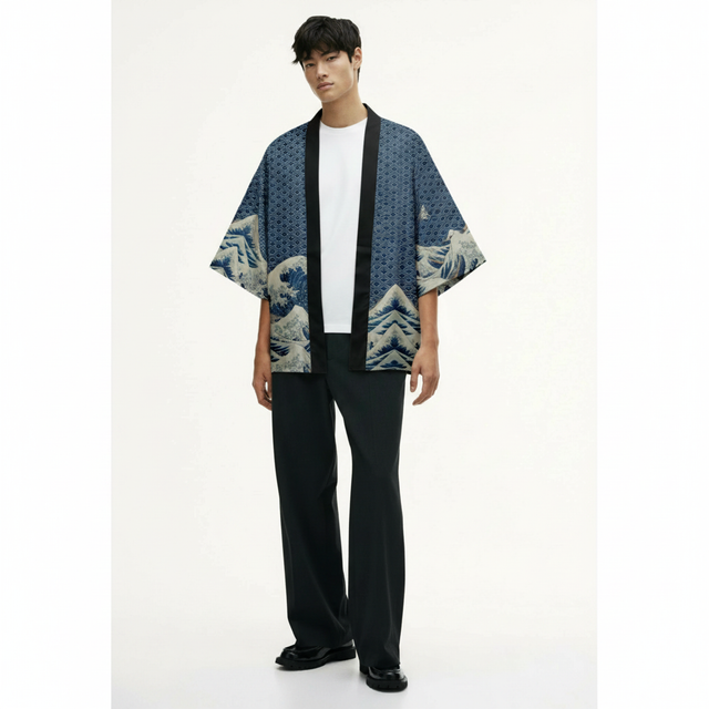 Men's Wave Kimono, Seigaiha and Great Wave Print, on model, blue