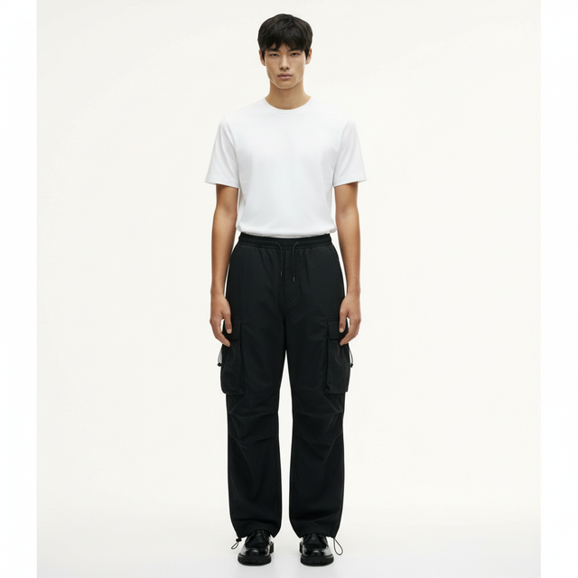 Parachute Cargo Pants on model in black, front view