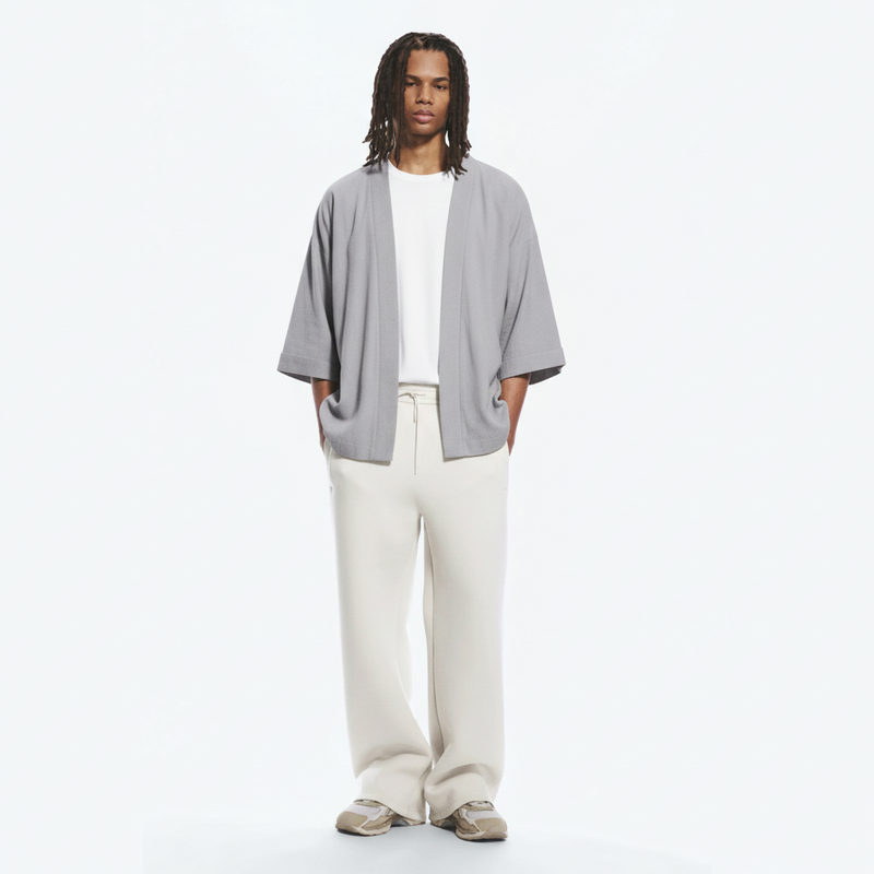 Open-Front Cotton Haori Jacket on model, grey, front view
