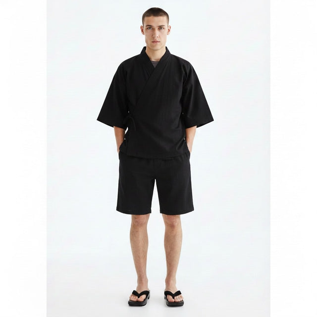 Cotton jinbei set in black, front view on model
