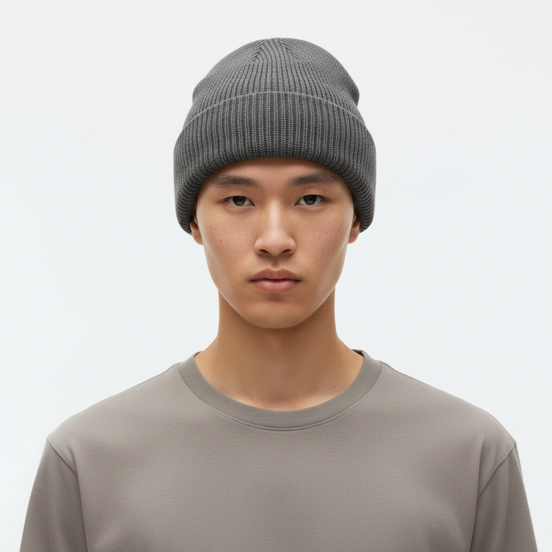 Solid Color Retro Knitted Beanie on model - Dark Gray - front