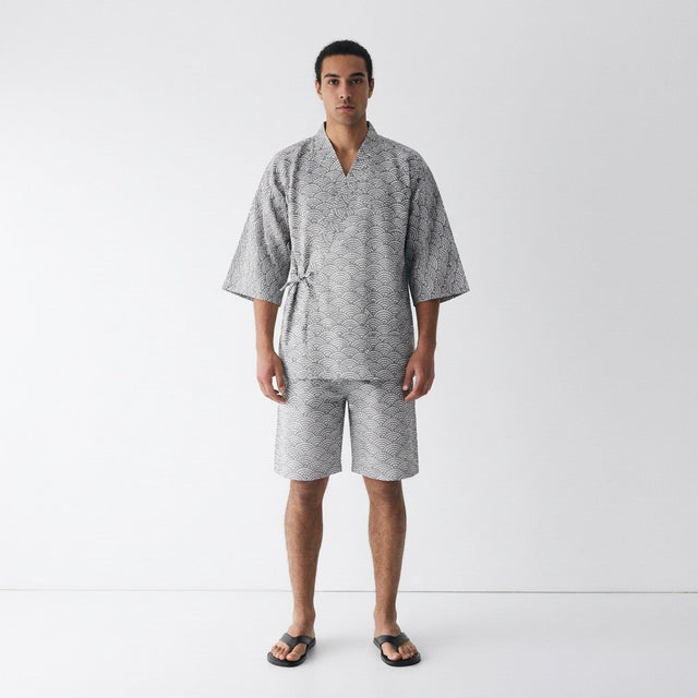 Seigaiha wave jinbei set in grey wave, front view on model