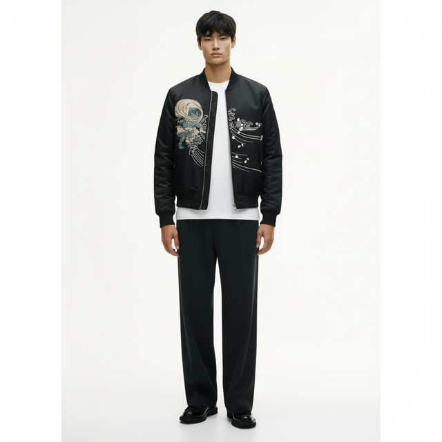 Japanese Raijin Souvenir Jacket on model in black, front view