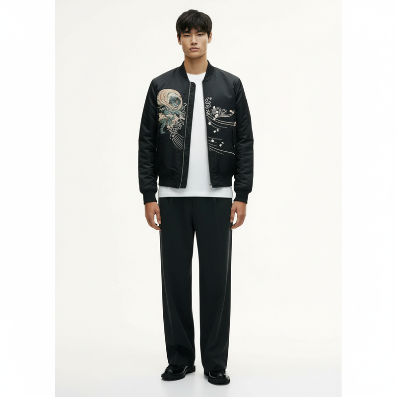 Japanese Raijin Souvenir Jacket on model in black, front view