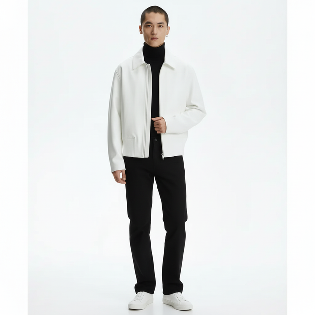 Crop Bomber Jacket on model in off white, front view