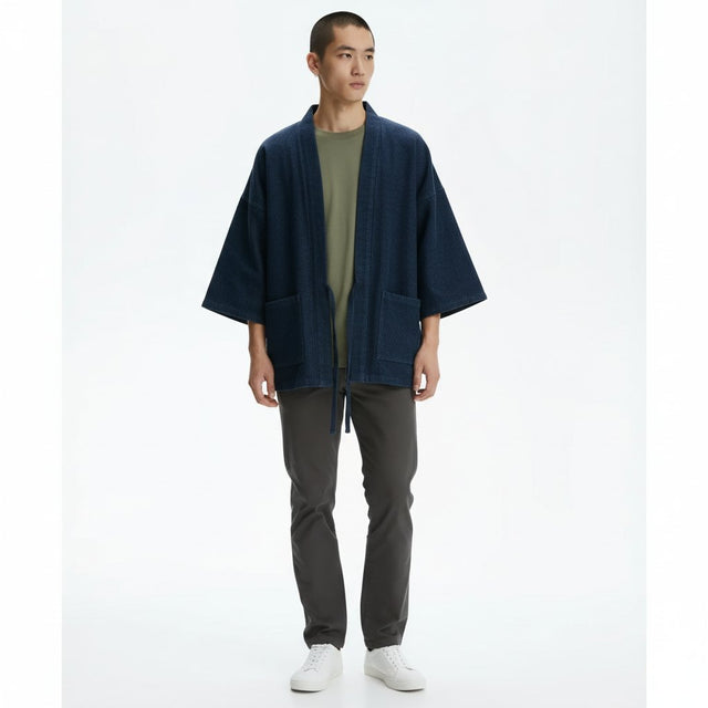 Reversible Denim Noragi Jacket on model, black with green lining, front view