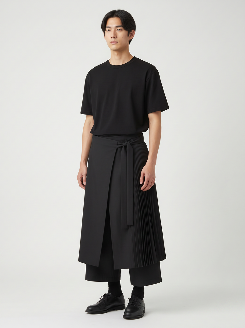 Samurai hakama pants in black on a model, front view: wrap front, long waist tie and knife-pleated side panel