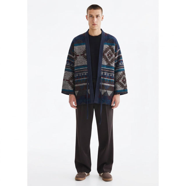 Southwestern Jacquard Haori Jacket on model, navy, front view