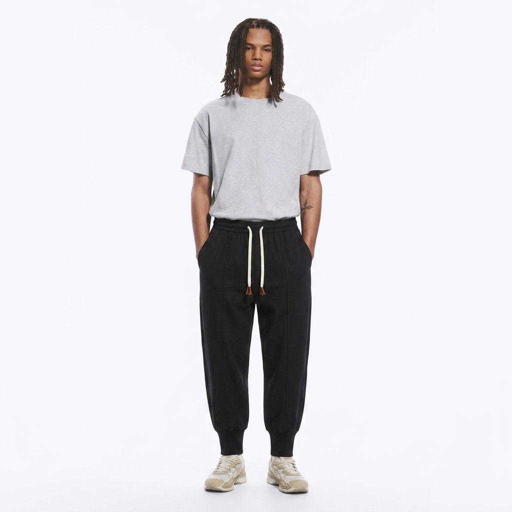 Gelyu harem pants showing the dropped rise and pleated front