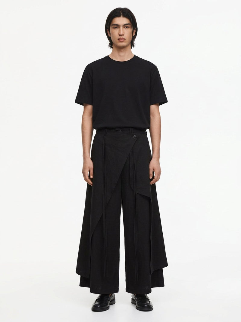 Black Japanese wide-leg hakama pants with a wrap front