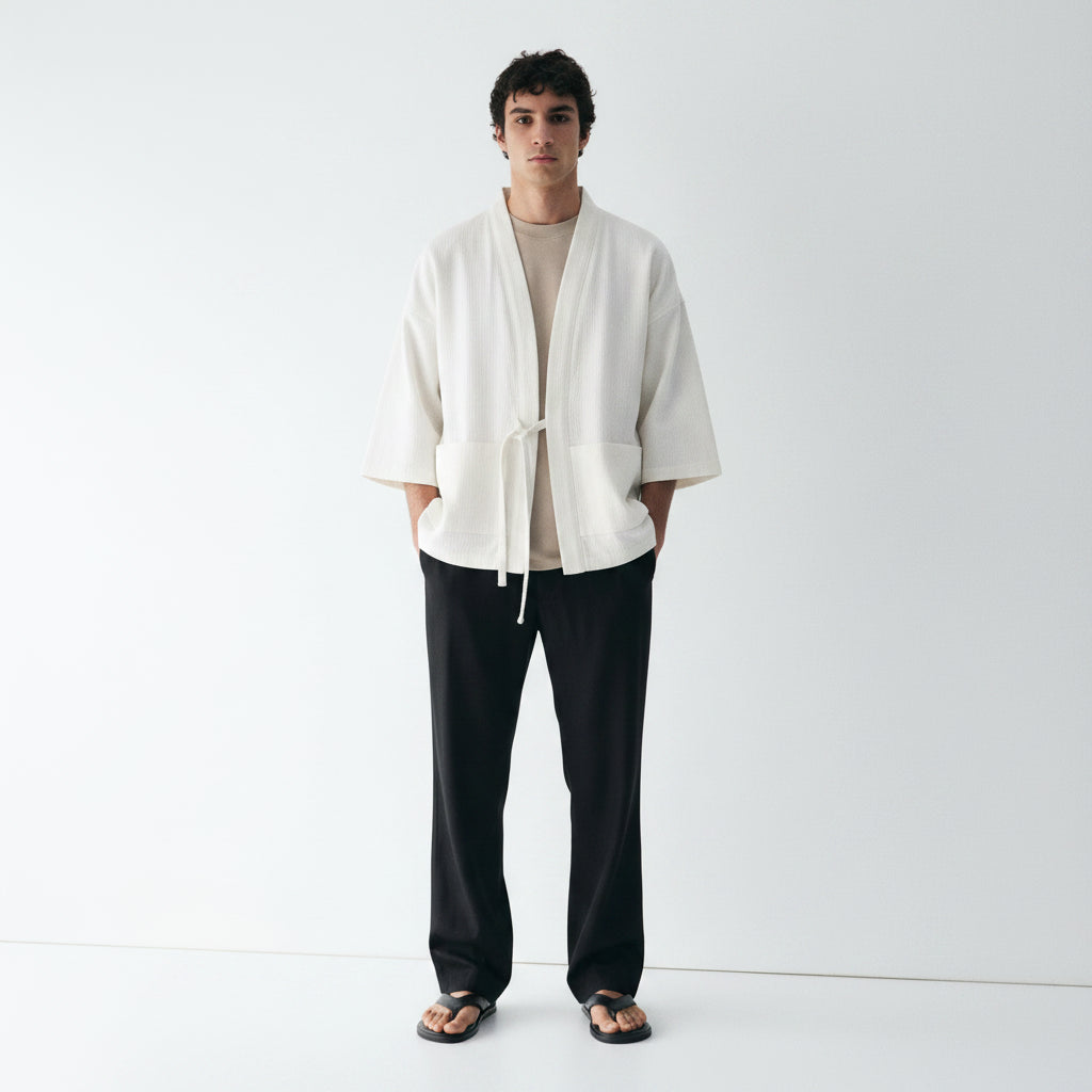 A herringbone noragi jacket with a crossover front and patch pockets